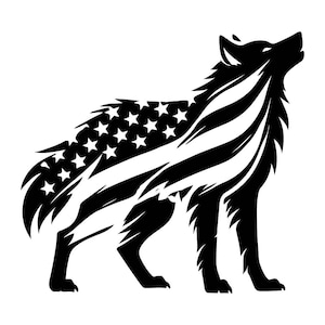 May include: Black and white silhouette of a wolf howling, with the American flag design incorporated into its fur.