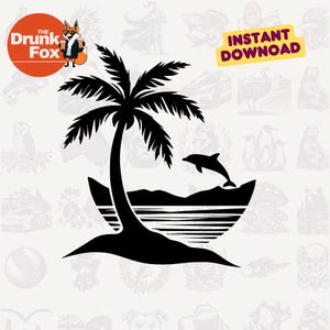 Logo Vintage Beach SVG – Design con palma, delfino e raggio di sole