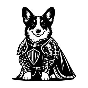 カーディガン ウェルシュ コーギーが騎士の衣装を着ています SVG | レーザーカット用の白黒ベクター ファイル | 完璧なクラフト デザイン、動物の装飾