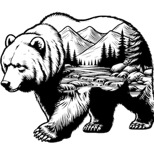 アラスカのクマの体の山 SVG | レーザーカット用ベクターファイル | 完璧なクラフトデザイン、動物の装飾、デジタルダウンロード