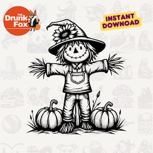 Puede incluir: Ilustración en blanco y negro de un espantapájaros con un girasol en su sombrero, de pie entre dos calabazas. La imagen incluye el texto "INSTANT DOWNLOAD" y un logotipo con un zorro.