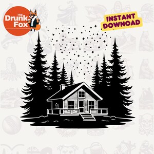 Waldhütte mit Rauch und Sternenhimmel SVG - Friedliche Natur entkommen SVG für Camper