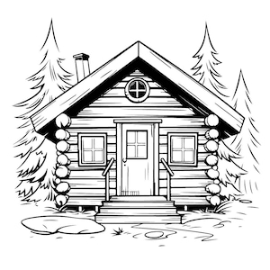 May include: A black and white line drawing of a wooden cabin with a door, two windows, and a small round window. The cabin is surrounded by trees.