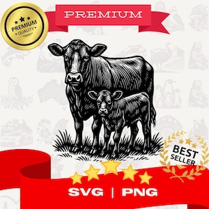 Hand Drawn Angus Cow and Calf in Pasture SVG Cut File for Cricut Vinyl and Farm Crafts