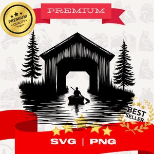 Covered Bridge Boat SVG - Rustic River Bridge with Rowboat Clipart