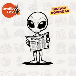 ロズウェルのニュースを読むエイリアンSVG | 新聞を持ったレトロな地球外生命体 | UFO墜落ユーモアクリップアート