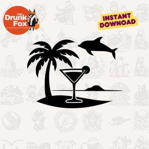 Logotipo do Beach Bar SVG – Coquetel Tropical com Palmeira e Golfinho