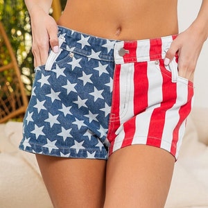 US Flag Print Denim Shorts | Cotton US Flag 4th of July Shorts