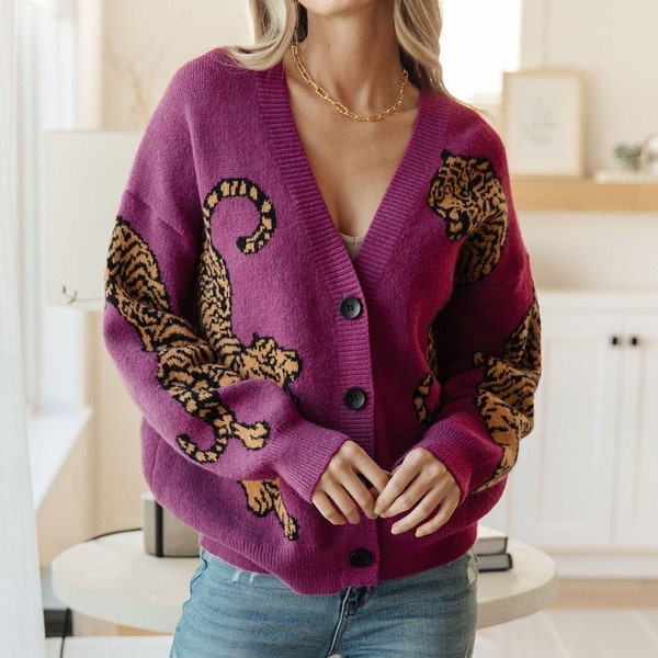 Balloon Sleeves Tiger Cardigan | V-Neck Knit Tiger Sweater