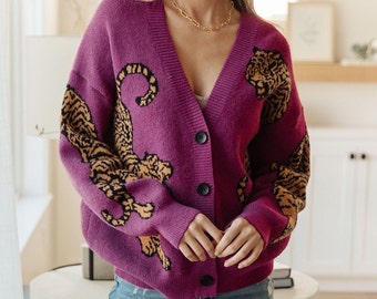 Balloon Sleeves Tiger Cardigan | V-Neck Knit Tiger Sweater
