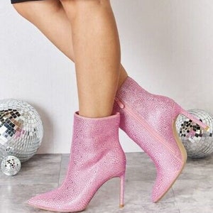 Rhinestone Sexy Pink Stiletto Boots| High Heel Shimmer Ankle Boots