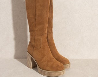 Juniper Platform Knee High Chunky Heel Boots| Tall Platform Boots| Chunky Boots