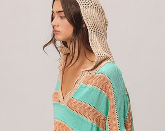 Crochet Hood Color Stripe Top | Boho Dolman Sleeve Crochet Hoodie Top