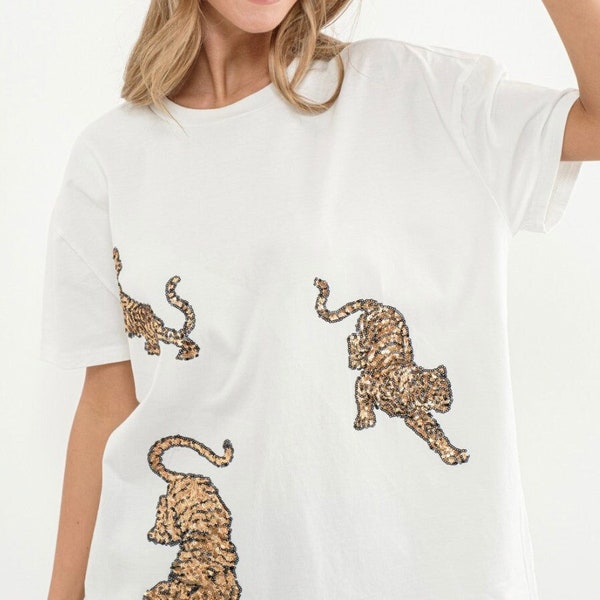 Embellished Sequin Tiger Graphic T Shirt