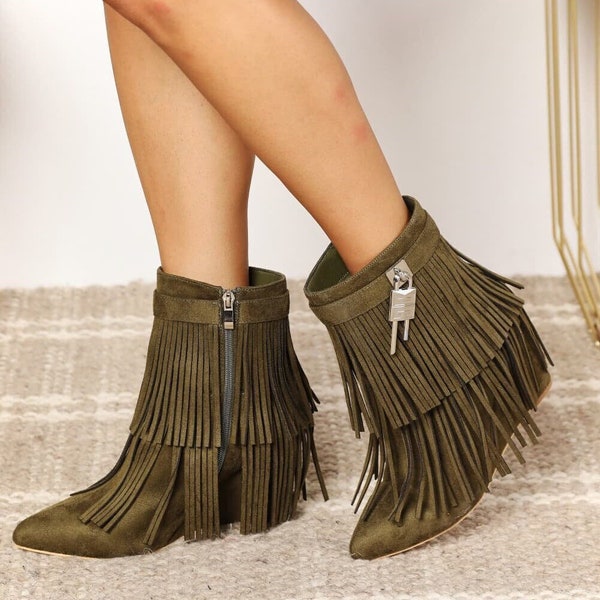 Women's Tassel Wedge Heel Ankle Booties| Fringe Ankle Boots| Mid Heel Ankle Boots