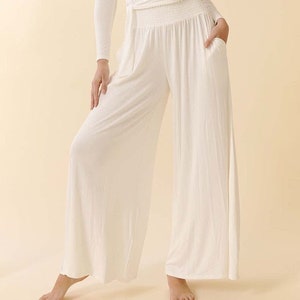 Smock Elastic Waist Maxi Palazzo Pants Wide Leg Flowy Bamboo Palazzo Pants IVORY