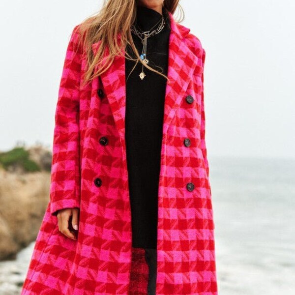 Textured Knit Tweed Double Button Coat Jacket| Checkered Print Coat