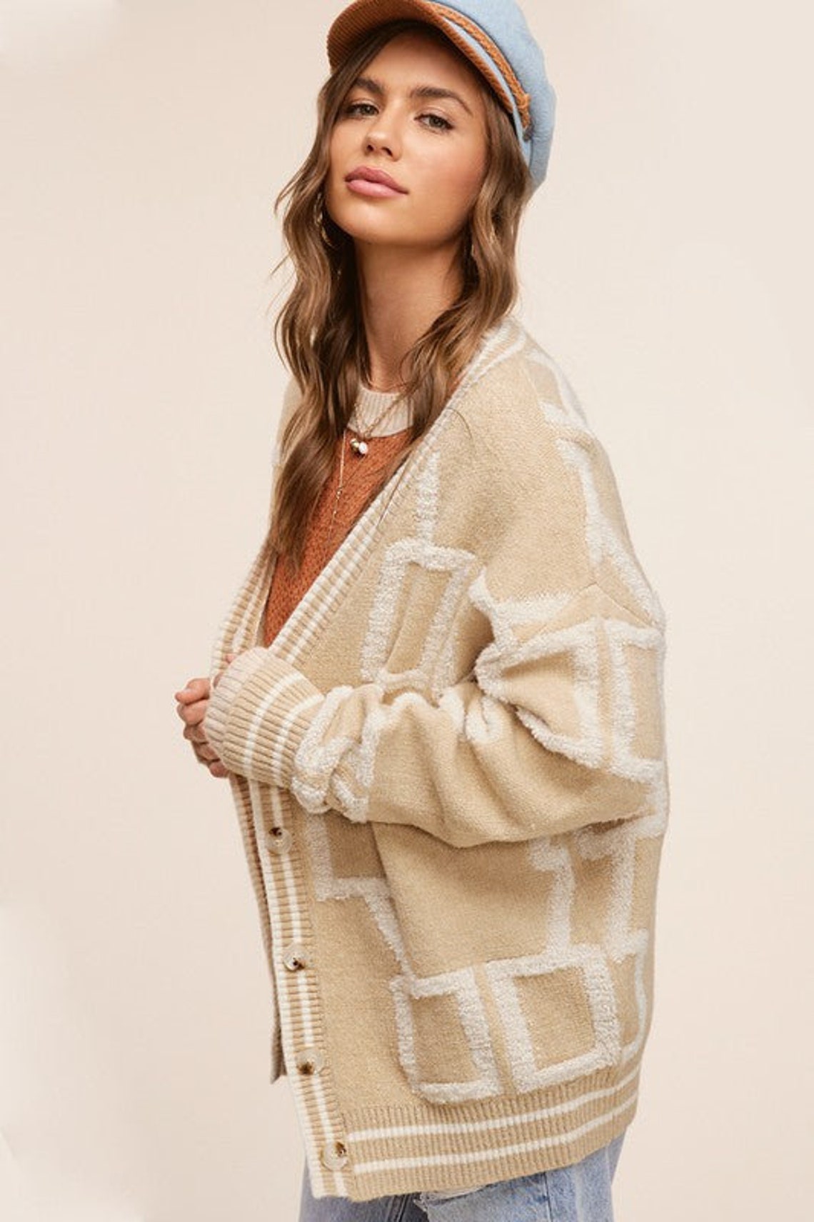 Plaid V-Neck Dropped Shoulder Cardigan main image 1