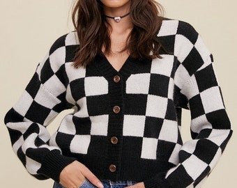 Bold Gingham Sweater | Weaved Crop Cardigan Sweater| V Neckline Sweater