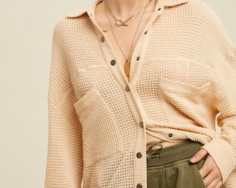 Soft Thermal Knit Button Down Shacket Top