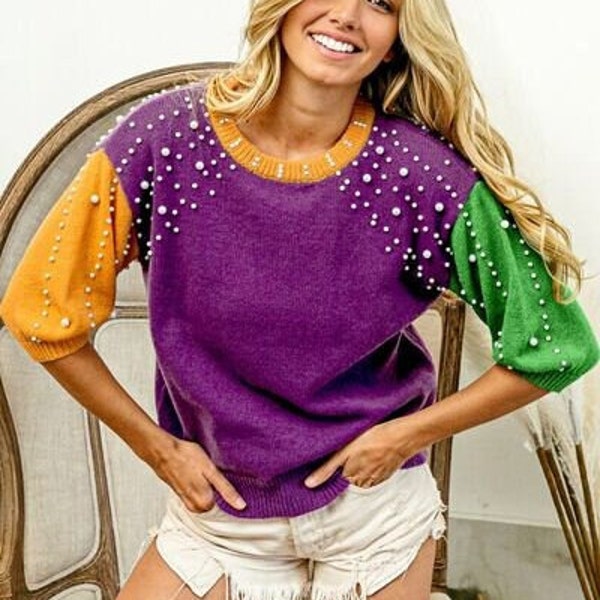 mardi gras color block pearl sweater