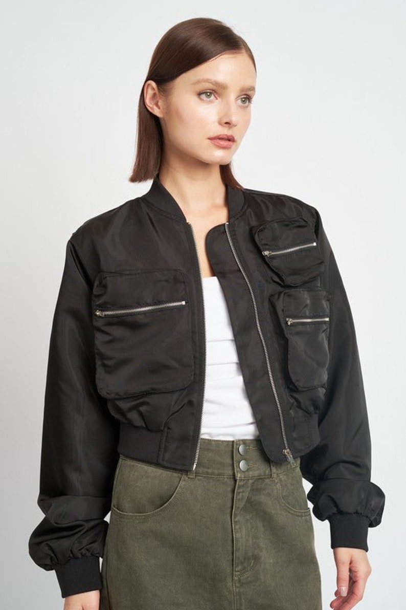 Thin Ribbed Crop Zipper Bomber