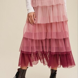 Gradient Style Tiered Mesh Skirt Mesh Maxi Skirt Tiered Maxi Skirt Magenta