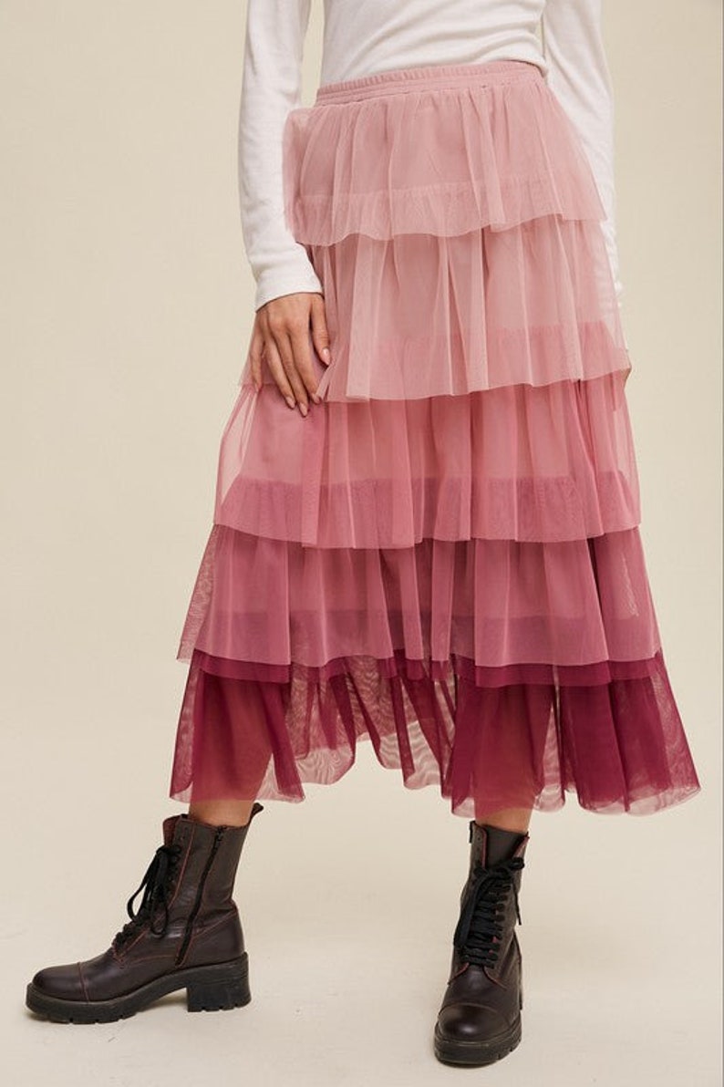 Gradient Style Tiered Mesh Skirt Mesh Maxi Skirt Tiered Maxi Skirt Magenta