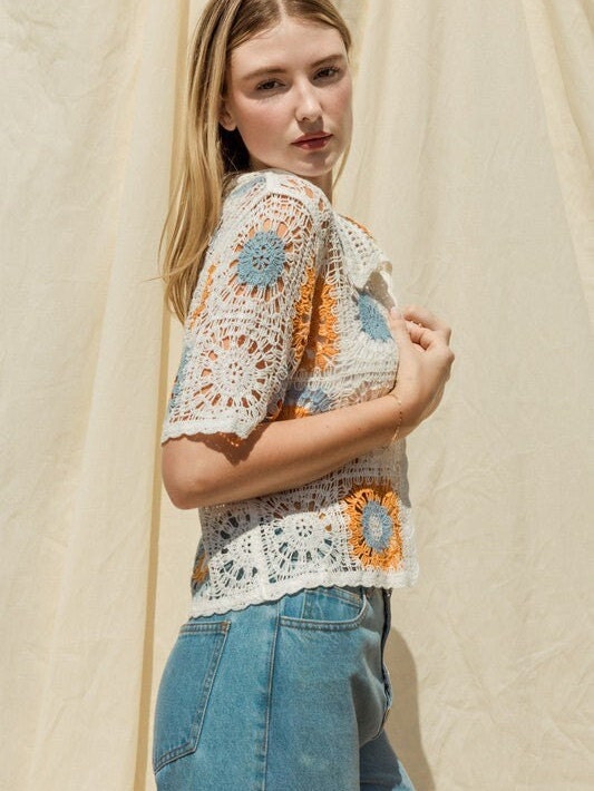 Double Take Crochet Buttoned Short Sleeves Top