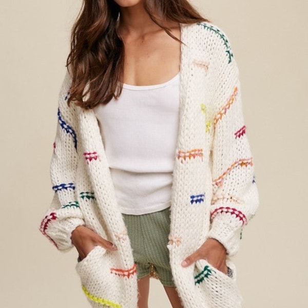 Hand Crochet Knit Stripe Design Open Cardigan| Boho Loose Fit Cardigan Sweater