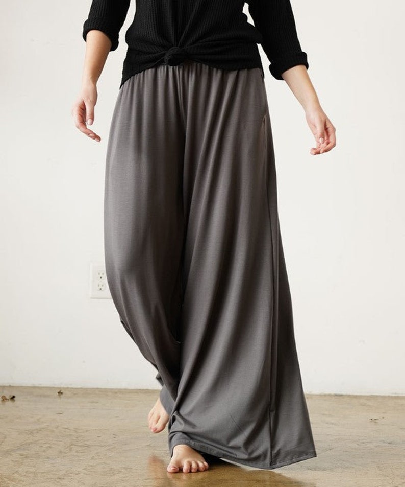 Smock Elastic Waist Maxi Palazzo Pants Wide Leg Flowy Bamboo Palazzo Pants image 10