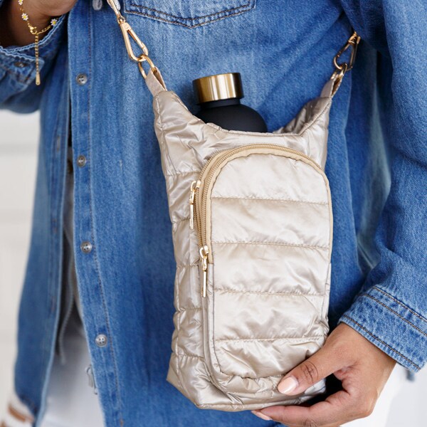 Cross Body Puffer Tumbler Tote in Gold| Water Bottle Tumbler Side Bag