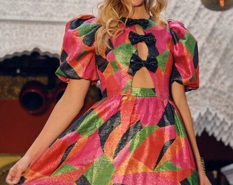 Cutout Bow Mini Flare Dress| Colorblock Geo Cut Puff Sleeve Mini Dress