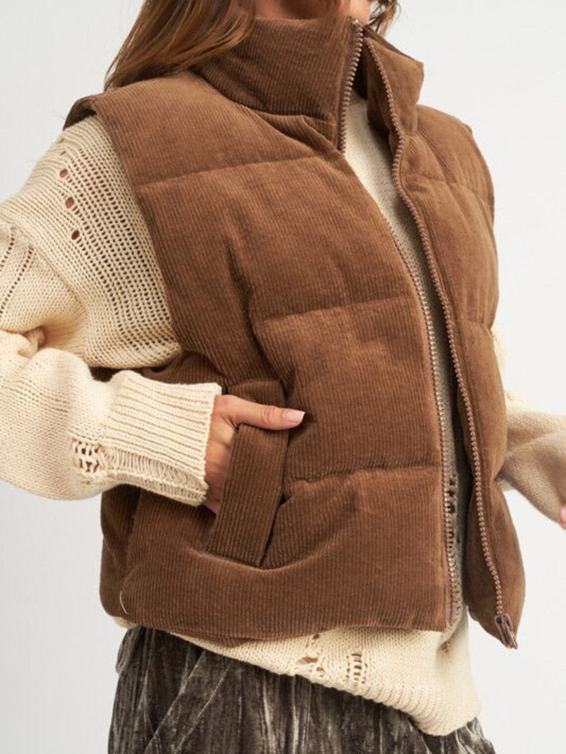 Threaded Pear Natalia Corduroy Zipped Puffer Vest