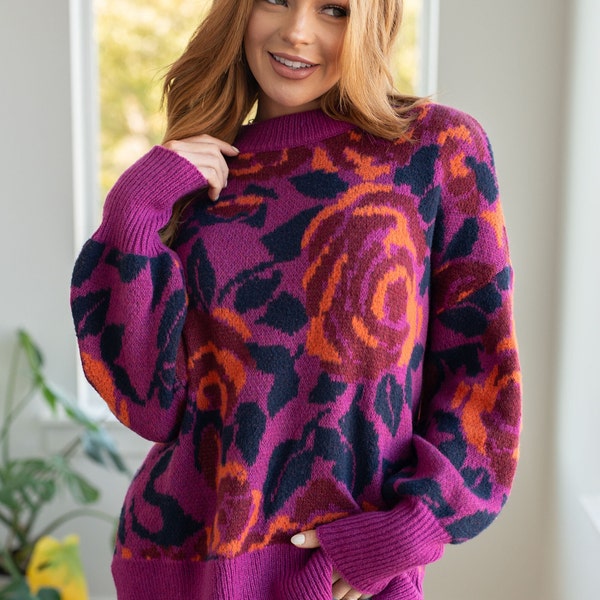 Cozy and Vivid Floral Knit Sweater| Mid-Weight Dropped Shoulder Pullover Sweater