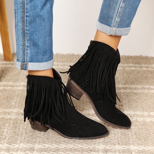 Women's Fringe Cowboy Western Ankle Boots| Western Inspired Ankle Booties