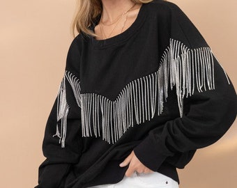 Rhinestone Fringe Pullover Top| Oversized Fringe Pullover Top