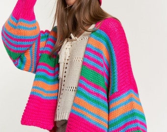 Boho Chunky Knit Multi-Striped Sweater|  Striped Sweater Cardigan| Bohemian Cardigan