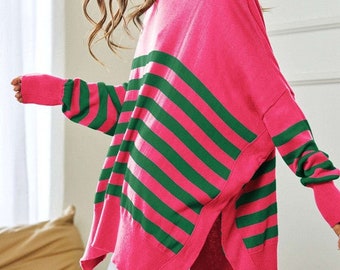 Multi Striped Elbow Patch Loose Fit Sweater| Pullover Sweater| Casual Sweater Top