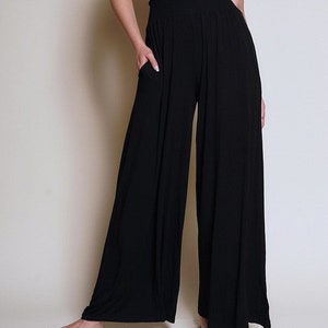 Smock Elastic Waist Maxi Palazzo Pants Wide Leg Flowy Bamboo Palazzo Pants image 8