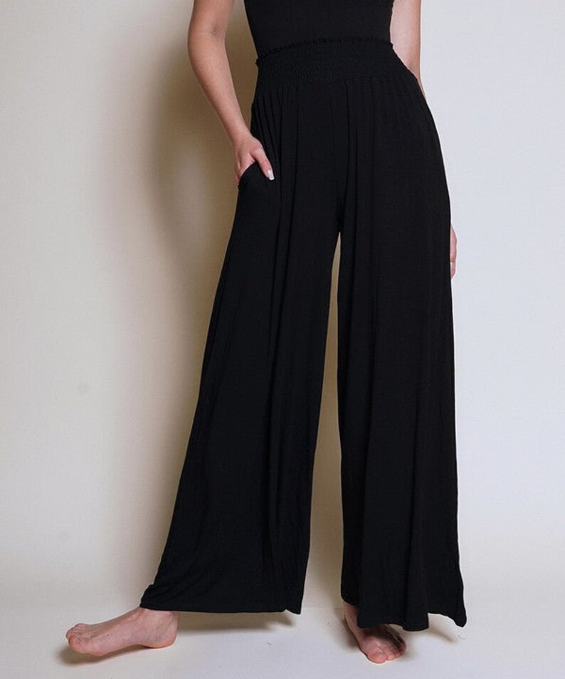 Smock Elastic Waist Maxi Palazzo Pants Wide Leg Flowy Bamboo Palazzo Pants BLACK