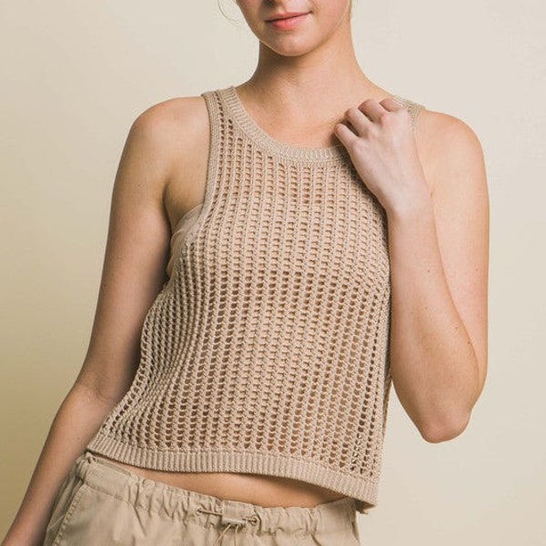 Sleeveless Open Knit Crop Top | Open Weave Knit top