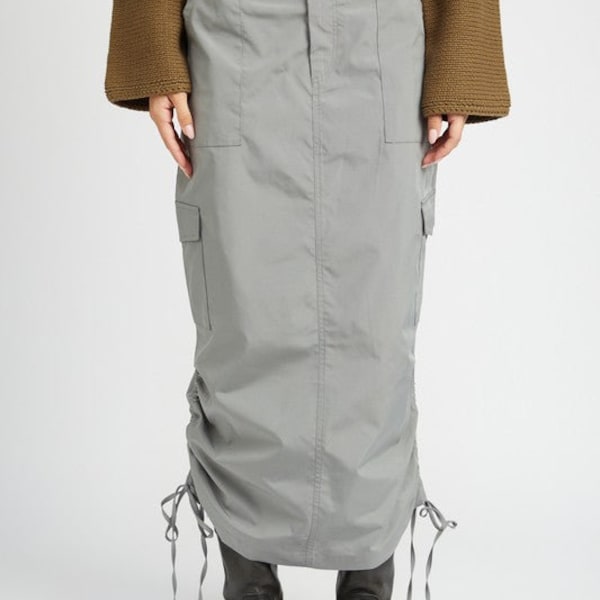 Military Inspired Ruched Midi Cargo Skirt