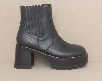 The Allison Midnight Chunky Platform Paneled Boots| Platform Ankle Boots