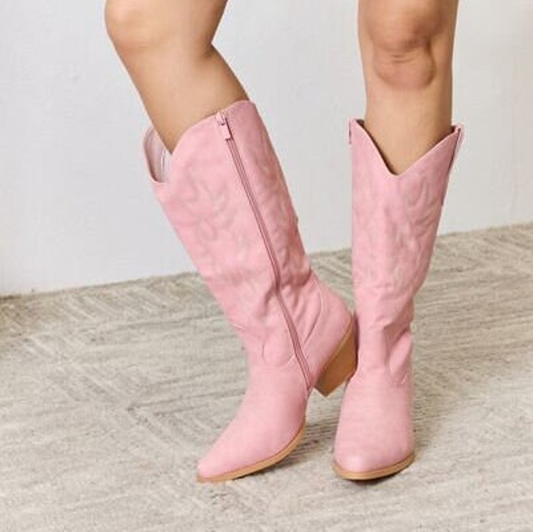 Pink Embellished Knee High Cowboy Boots Traditional Pink Cowboy Boots