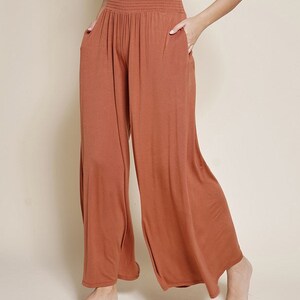 Smock Elastic Waist Maxi Palazzo Pants Wide Leg Flowy Bamboo Palazzo Pants image 5