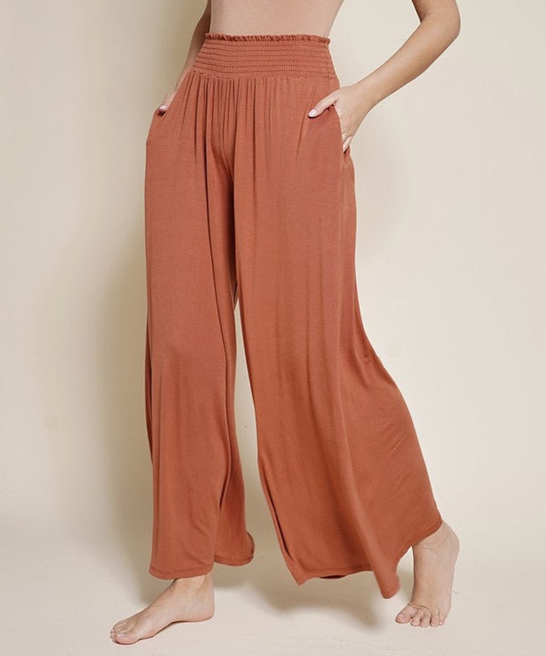 Smock Elastic Waist Maxi Palazzo Pants Wide Leg Flowy Bamboo Palazzo Pants image 5