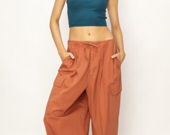 Drawstring Cargo Wide Leg Pants| Relaxed Fit Cotton Cargo Pants