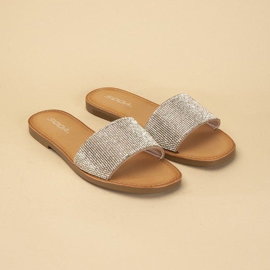  Trends SNJ Women's New Faux Fur Rhinestone Glitter Strap Slide  Fluffy Open Toe Flat Slipper | Slippers