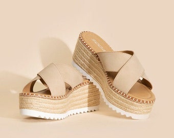 Double Strap Open-Toe Raffia Platform Wedge Slide Sandals